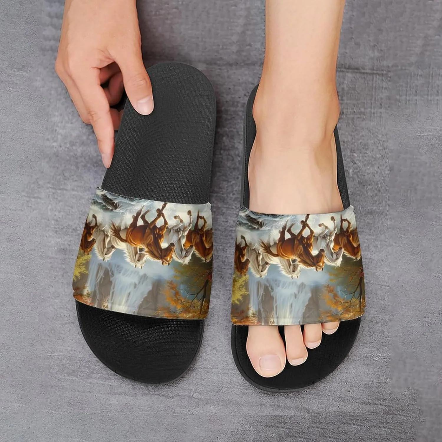 Life Mountain Stream Running Horse Wild Slippers for Women Men Anti-Slip Shower Slides Open Toe Slippers for Home Outdoor Beach