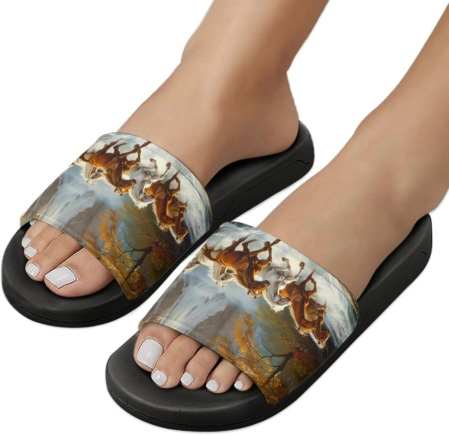 Life Mountain Stream Running Horse Wild Slippers for Women Men Anti-Slip Shower Slides Open Toe Slippers for Home Outdoor Beach