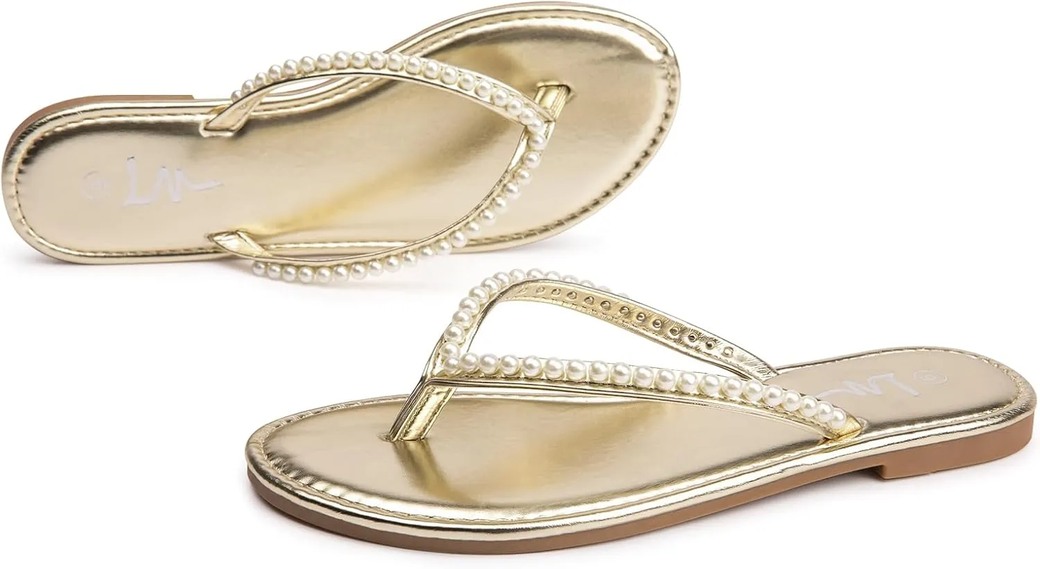 LM Women's Pearls Strappy Flat Sandals Thong Sandals Flip Flop Slip On Slide Sandals for Women Dressy Summer