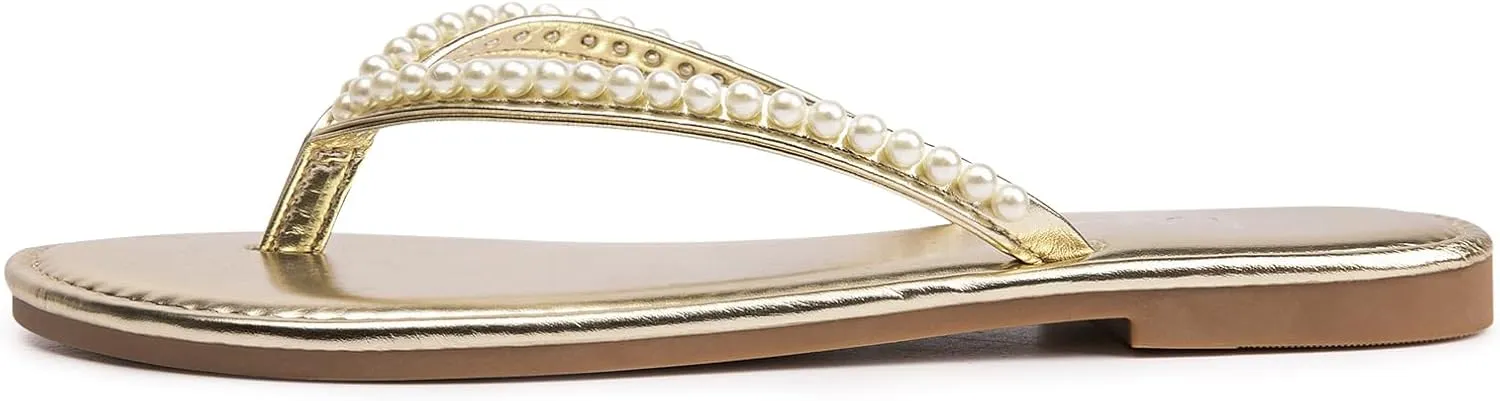 LM Women's Pearls Strappy Flat Sandals Thong Sandals Flip Flop Slip On Slide Sandals for Women Dressy Summer