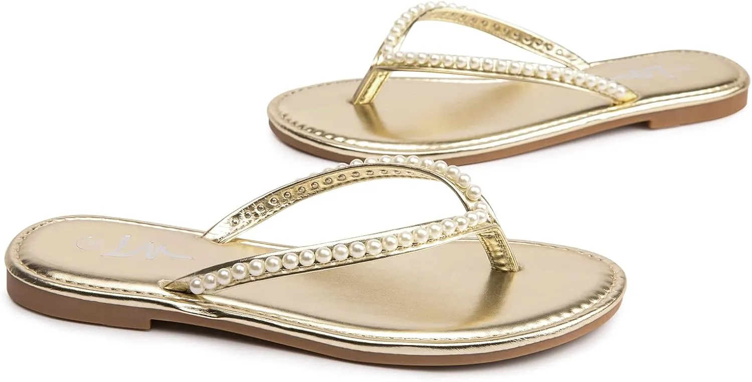 LM Women's Pearls Strappy Flat Sandals Thong Sandals Flip Flop Slip On Slide Sandals for Women Dressy Summer