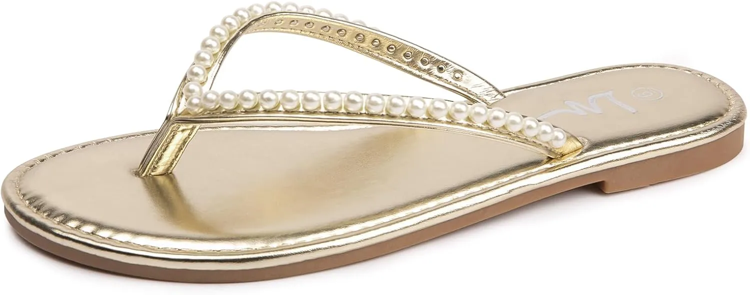 LM Women's Pearls Strappy Flat Sandals Thong Sandals Flip Flop Slip On Slide Sandals for Women Dressy Summer