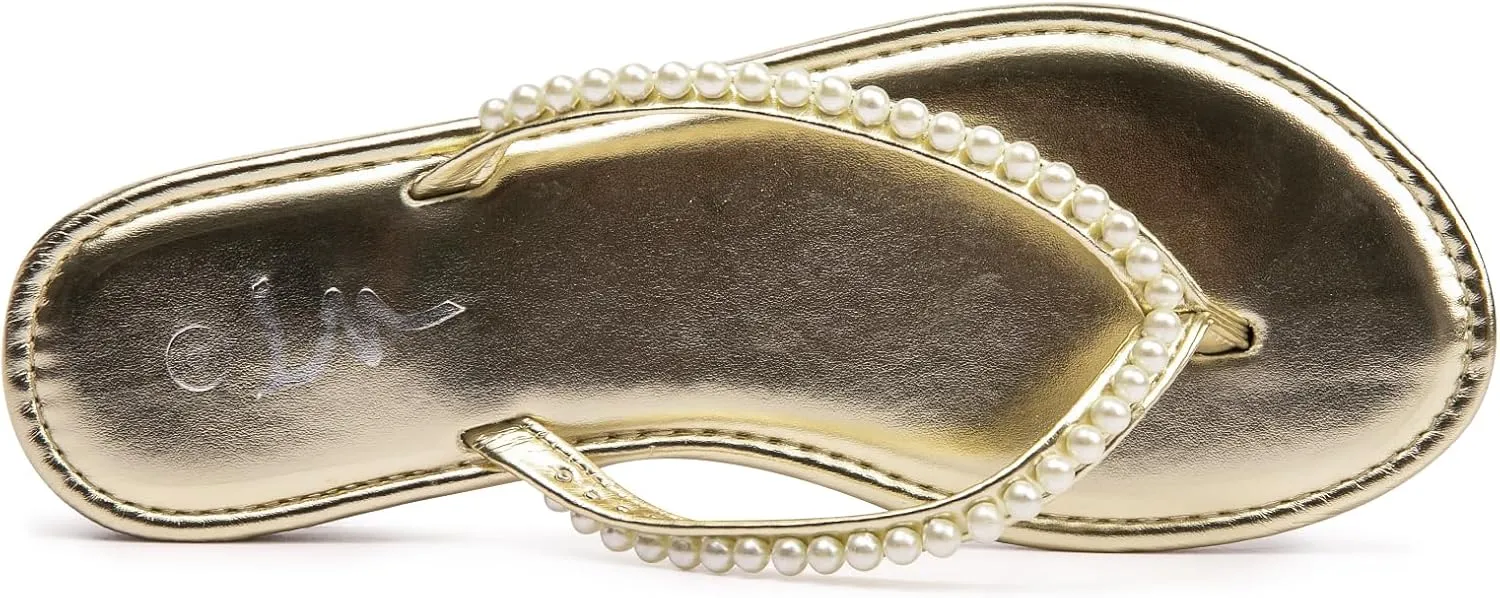 LM Women's Pearls Strappy Flat Sandals Thong Sandals Flip Flop Slip On Slide Sandals for Women Dressy Summer