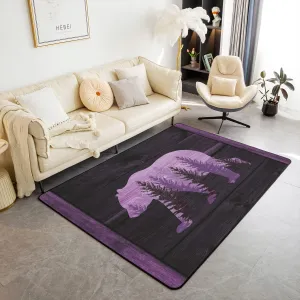 Lodge Cabin Area Rug 4x5 Wild Bear Outdoor Jungle Animal Plants Non Slip Rug for Teens Adults Rustic Farmhouse Style Wooden Stripes Decor Indoor Floor Mat for Bedside Sofa Purple