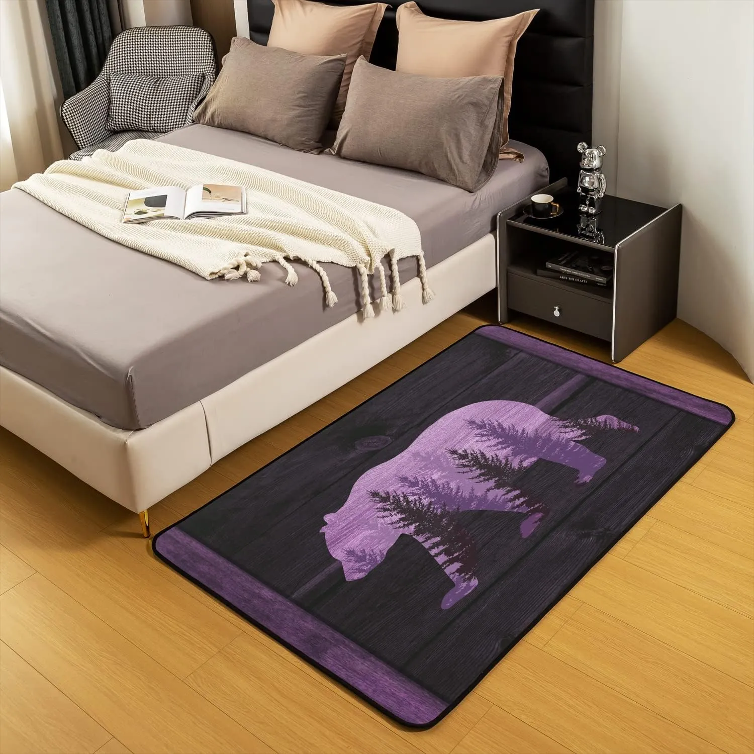 Lodge Cabin Area Rug 4x5 Wild Bear Outdoor Jungle Animal Plants Non Slip Rug for Teens Adults Rustic Farmhouse Style Wooden Stripes Decor Indoor Floor Mat for Bedside Sofa Purple