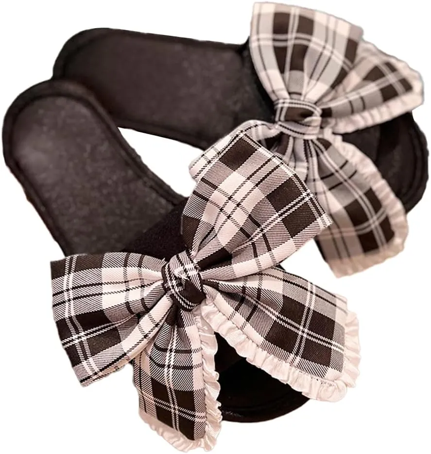 Loizziuy Grid-checkered Bow Satin Women's House Slippers, Flat Bottom Anti-slip Soft Sole Casual Solid Color Slipper