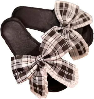Loizziuy Grid-checkered Bow Satin Women's House Slippers, Flat Bottom Anti-slip Soft Sole Casual Solid Color Slipper