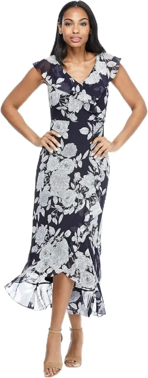 London Times Women's Chiffon Faux Wrap Ruffle Maxi Dress Guest of Wedding