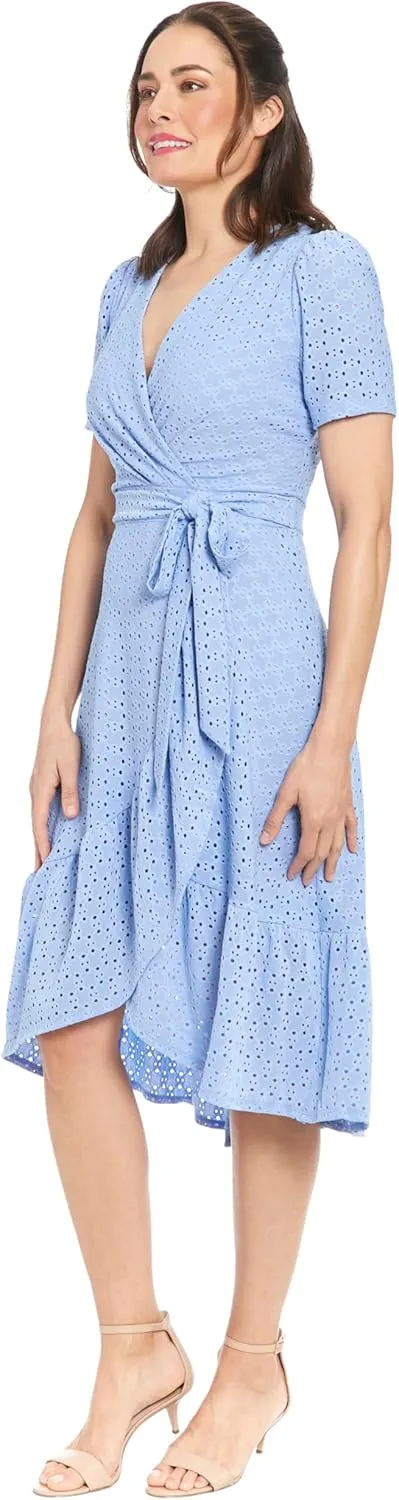 London Times Women's Short Sleeve Ruffle Wrap Dress
