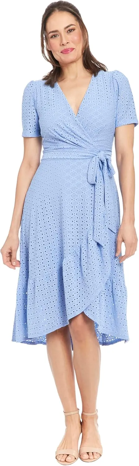 London Times Women's Short Sleeve Ruffle Wrap Dress