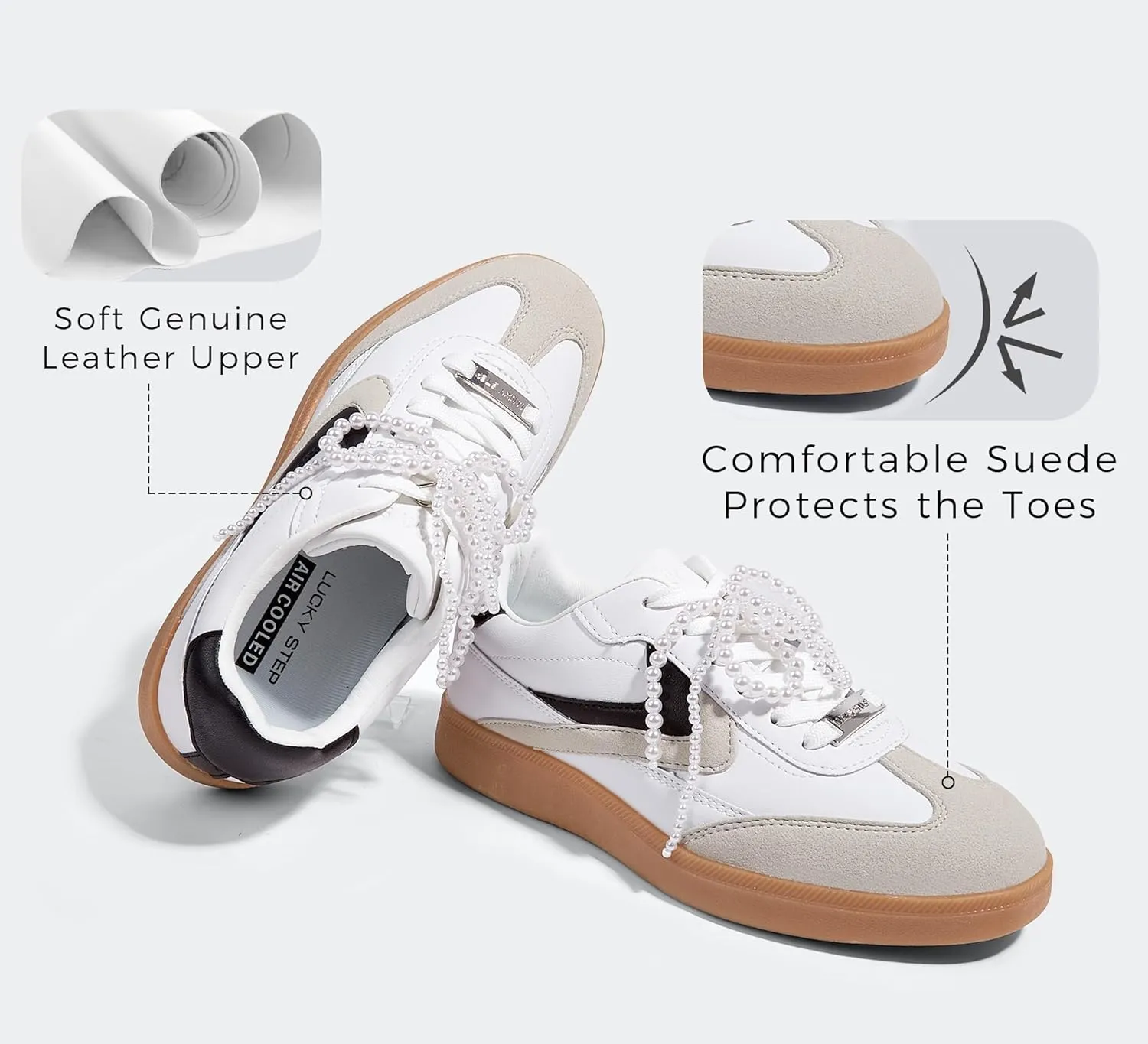 LUCKY STEP Women Retro Sneakers Fashion Classic Gum Sole Tennis Skate Shoes Casual Trendy Walking Trainer Anti Slip Flat Low-Top Footwear
