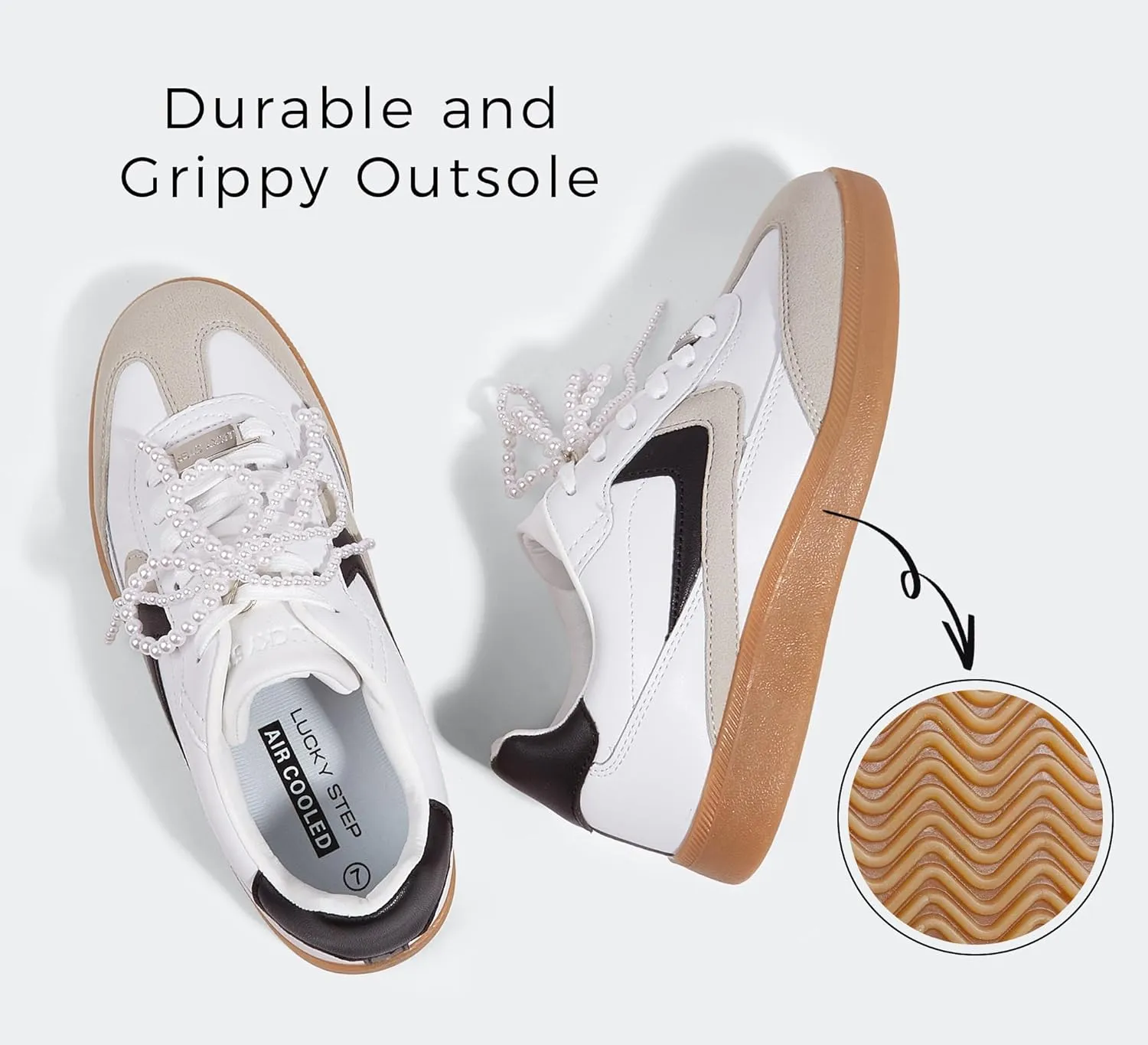 LUCKY STEP Women Retro Sneakers Fashion Classic Gum Sole Tennis Skate Shoes Casual Trendy Walking Trainer Anti Slip Flat Low-Top Footwear