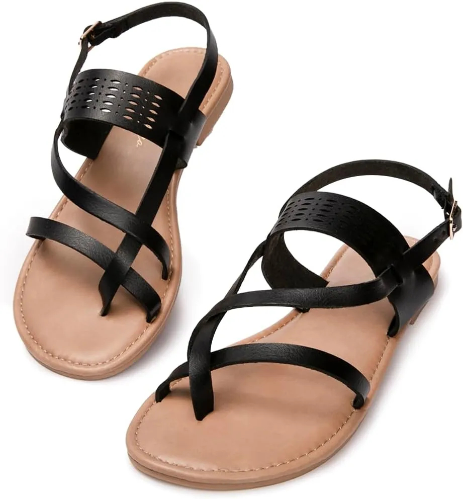 Luffymomo Womens Strappy Flat Sandals Leathe Gladiator Sandals Summer Casual Fisherman Thong