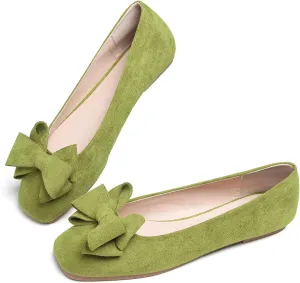 LUXINYU Women's Slip on Flats,Square Toe Solid Classic Shallow Bow Knot Ballet Dance Shoes Soft Comfortable Suede Work Flat Shoes