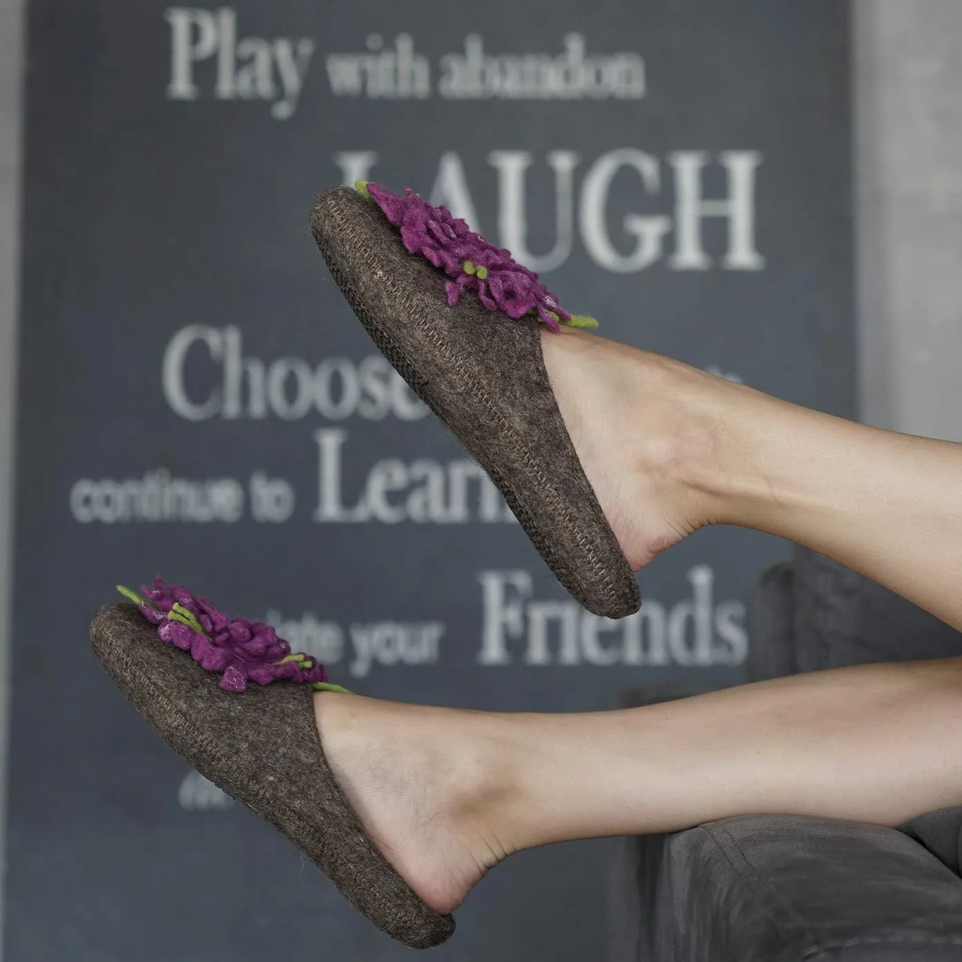 Made For You Women’s Wool Slippers with Handmade Chrysanthemum Flower, Non-Slip Rubber Sole and Arch Support Insole