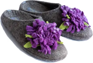 Made For You Women’s Wool Slippers with Handmade Chrysanthemum Flower, Non-Slip Rubber Sole and Arch Support Insole