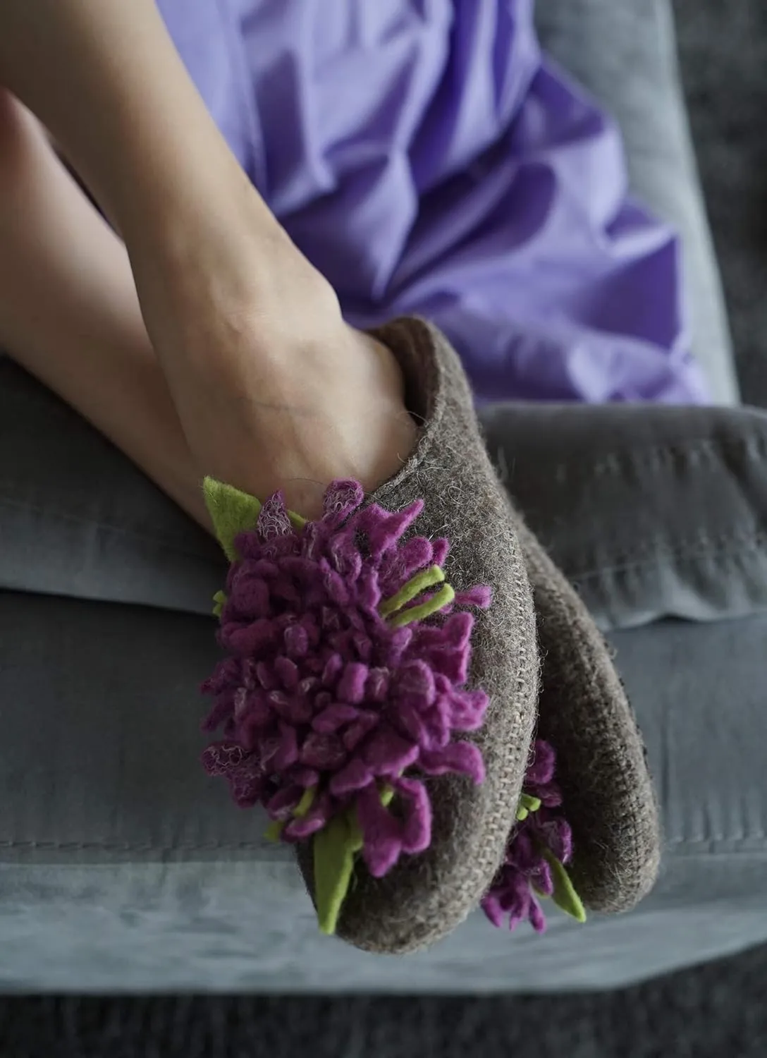 Made For You Women’s Wool Slippers with Handmade Chrysanthemum Flower, Non-Slip Rubber Sole and Arch Support Insole