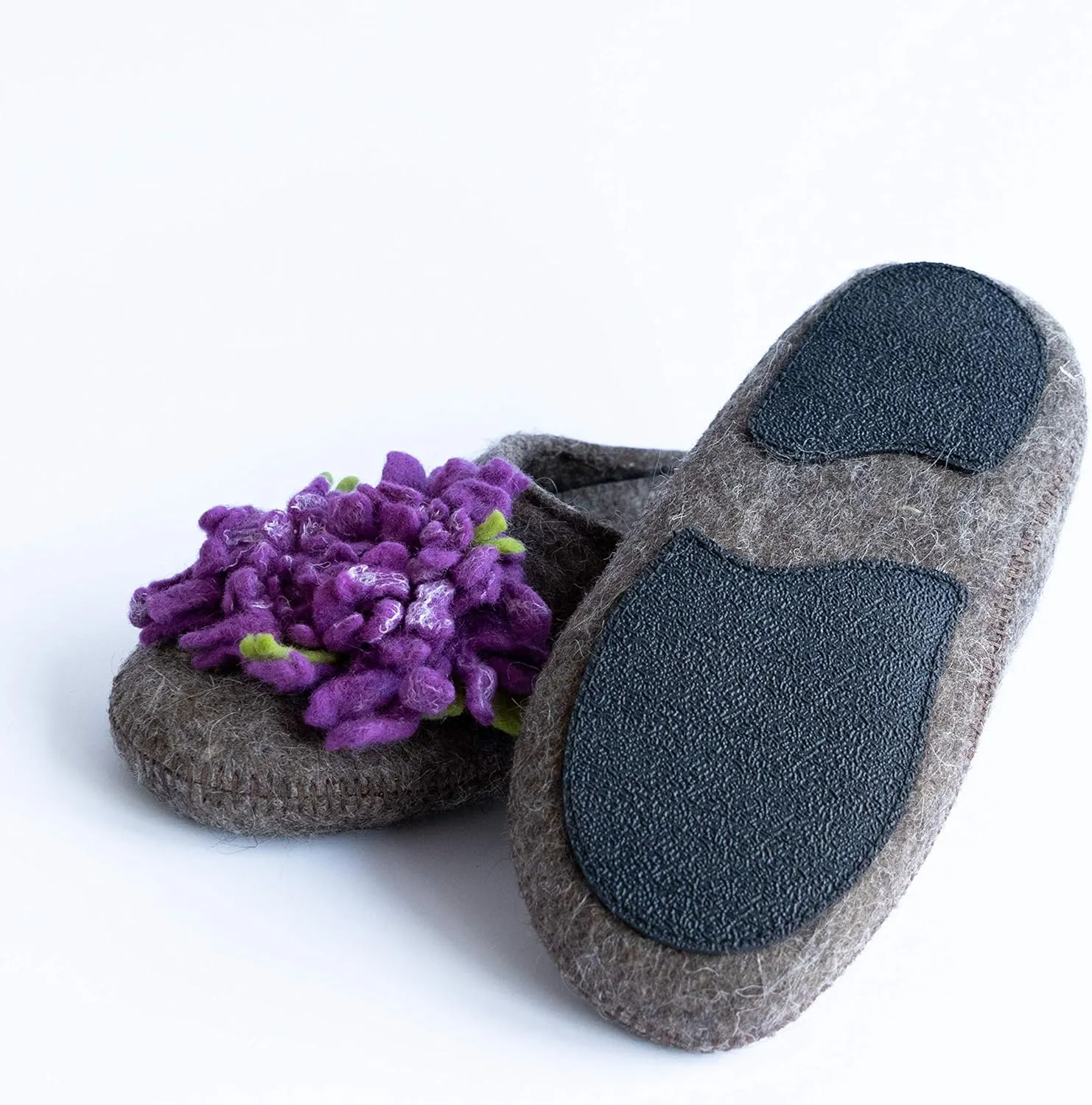 Made For You Women’s Wool Slippers with Handmade Chrysanthemum Flower, Non-Slip Rubber Sole and Arch Support Insole