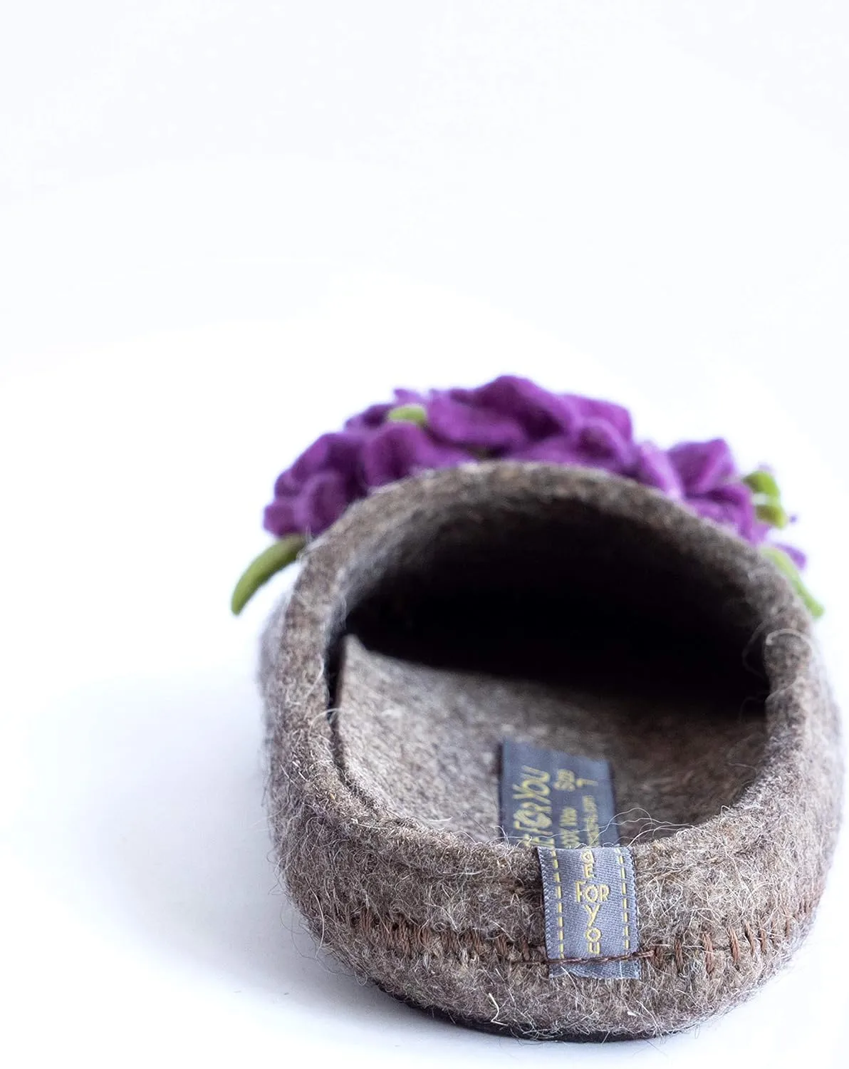 Made For You Women’s Wool Slippers with Handmade Chrysanthemum Flower, Non-Slip Rubber Sole and Arch Support Insole