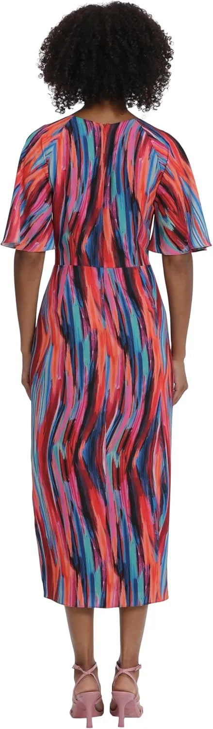 Maggy London Women's Short Flutter Sleeve Faux Wrap Midi Dress