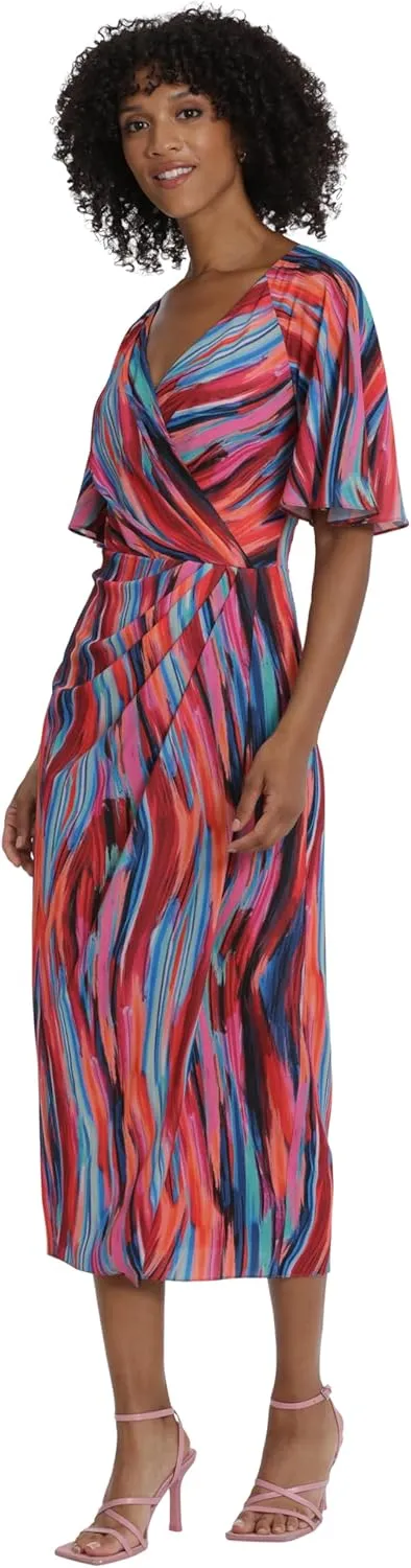 Maggy London Women's Short Flutter Sleeve Faux Wrap Midi Dress