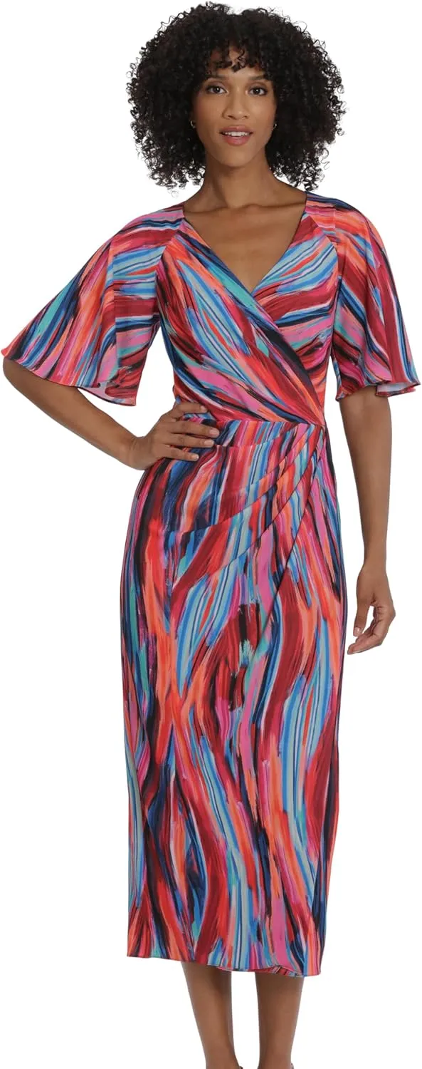 Maggy London Women's Short Flutter Sleeve Faux Wrap Midi Dress