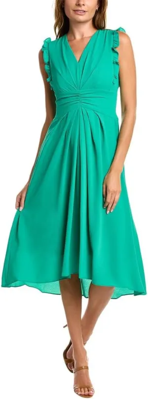 Maggy London Women's V-Neck Hi-lo Midi Dress with Gathered Waist and Ruffle Details