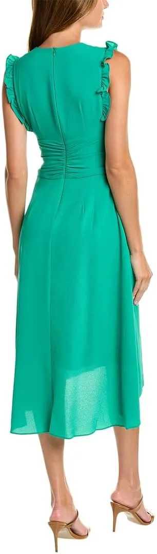 Maggy London Women's V-Neck Hi-lo Midi Dress with Gathered Waist and Ruffle Details