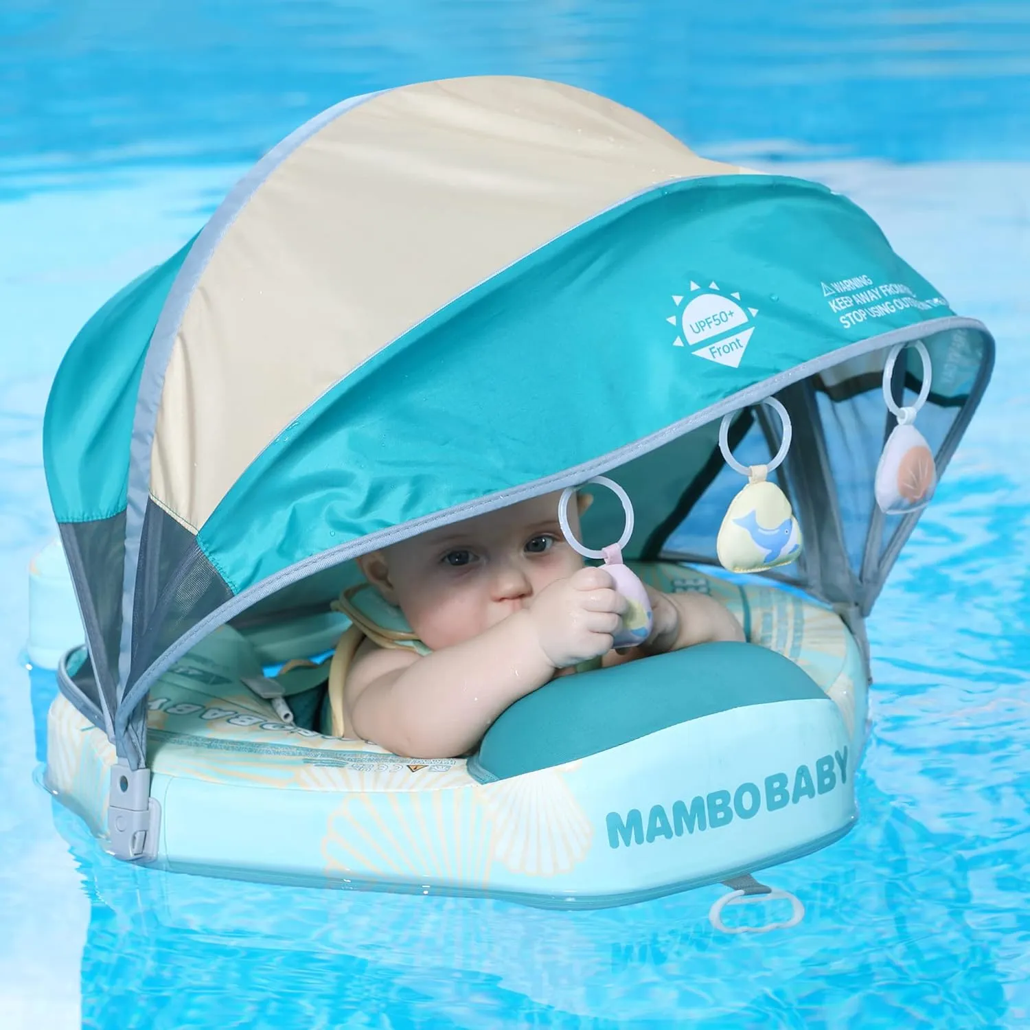 Mambobaby Float Add Tail Baby Swim Float with Canopy Solid Pool Infant Swim Trainer Swimming Training Lying Air Free Water Floats Non-Inflatable Waist Swim Ring for Toddlers (Shell - Green)