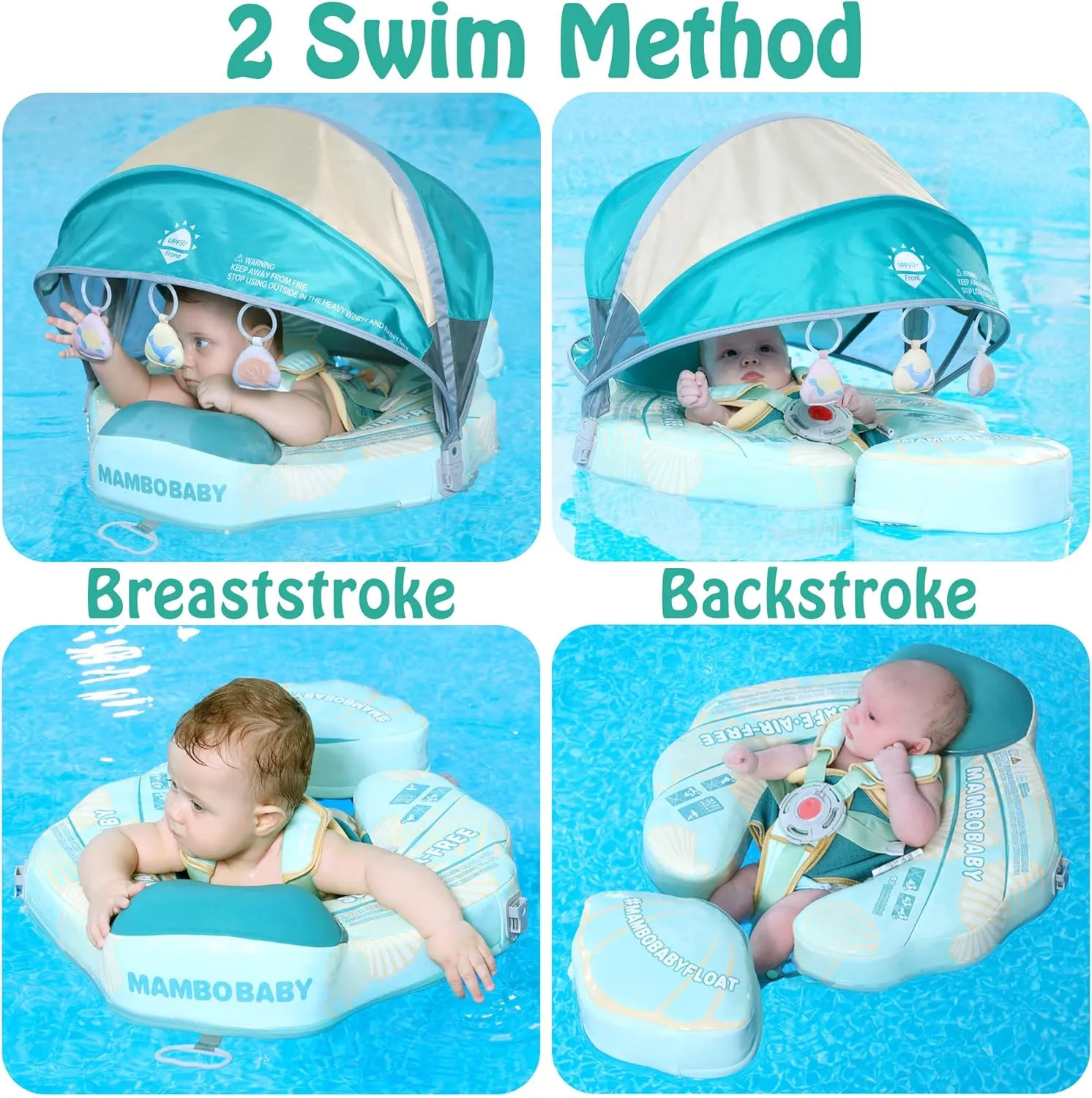Mambobaby Float Add Tail Baby Swim Float with Canopy Solid Pool Infant Swim Trainer Swimming Training Lying Air Free Water Floats Non-Inflatable Waist Swim Ring for Toddlers (Shell - Green)
