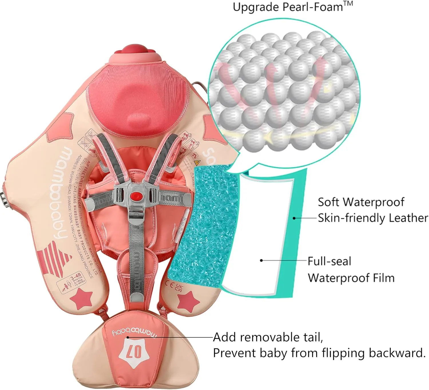 Mambobaby Float Upgrade Add Tail Baby Float with Canopy for Infant Waist Swimming Ring Swim Trainer Non-Inflatable Floats Toys with Adjustable Safety Strap (Pink Airplane)