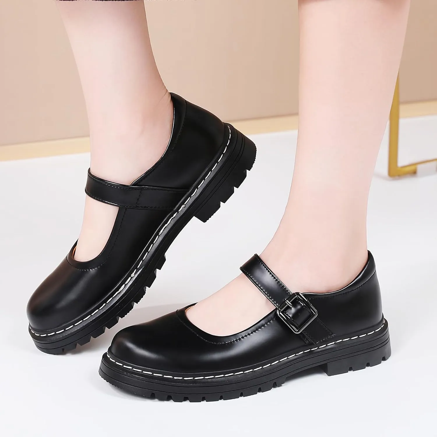 Mary Jane Shoes Women Platform Non-Slip Classics Round Toe Ankle Strap Comfort Casual Oxford Dress Work Mary Jane Flat Shoes