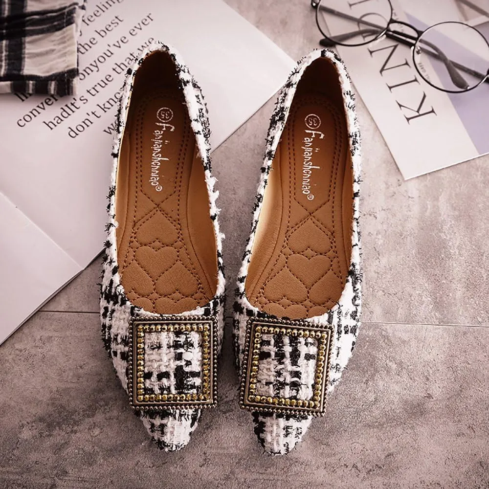 Meeshine Womens Classic Pointy Toe Ballet Flats Slip On Plaid Dress Flat Shoes