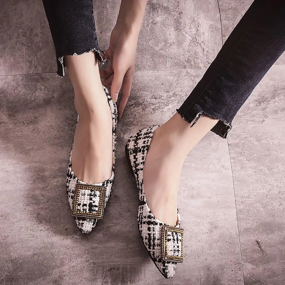 Meeshine Womens Classic Pointy Toe Ballet Flats Slip On Plaid Dress Flat Shoes