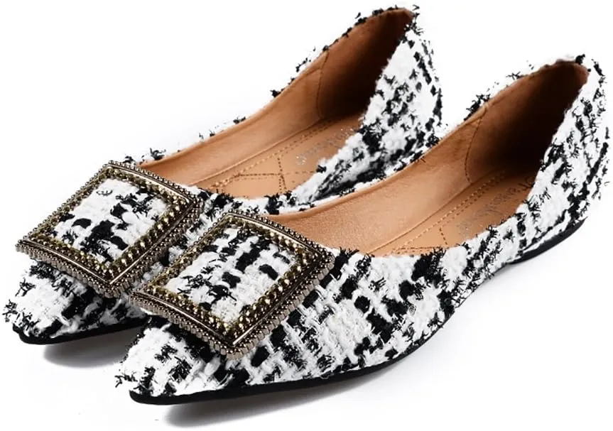 Meeshine Womens Classic Pointy Toe Ballet Flats Slip On Plaid Dress Flat Shoes