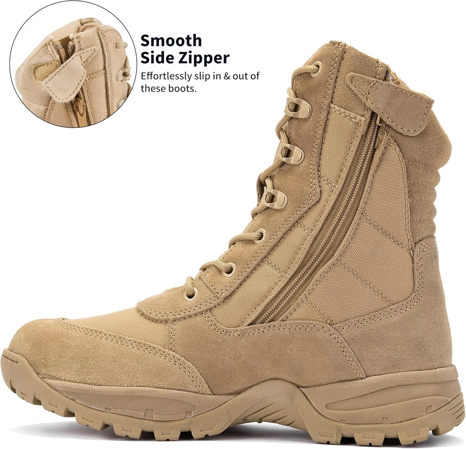 Men's 8 Inches Military Tactical Work Boot With Side Zipper - Lightweight Army Combat Desert Boot for Outdoor Use
