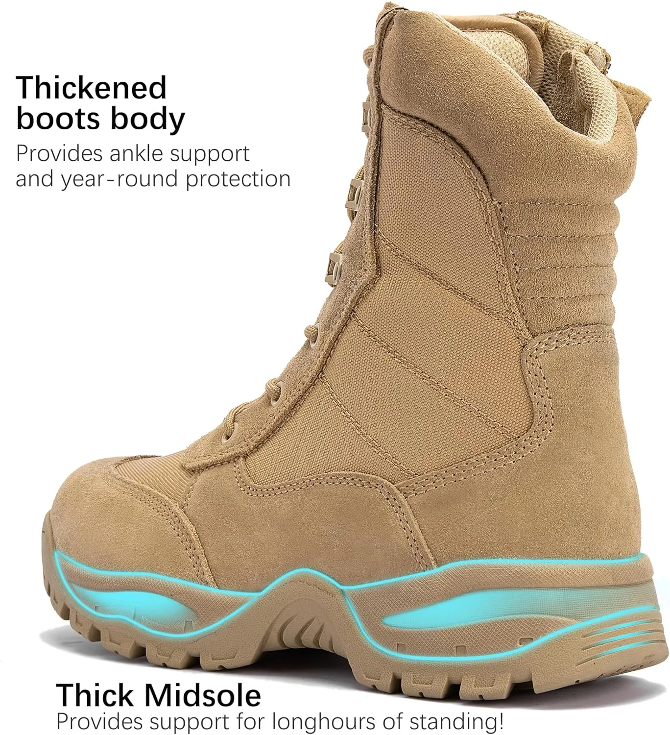 Men's 8 Inches Military Tactical Work Boot With Side Zipper - Lightweight Army Combat Desert Boot for Outdoor Use