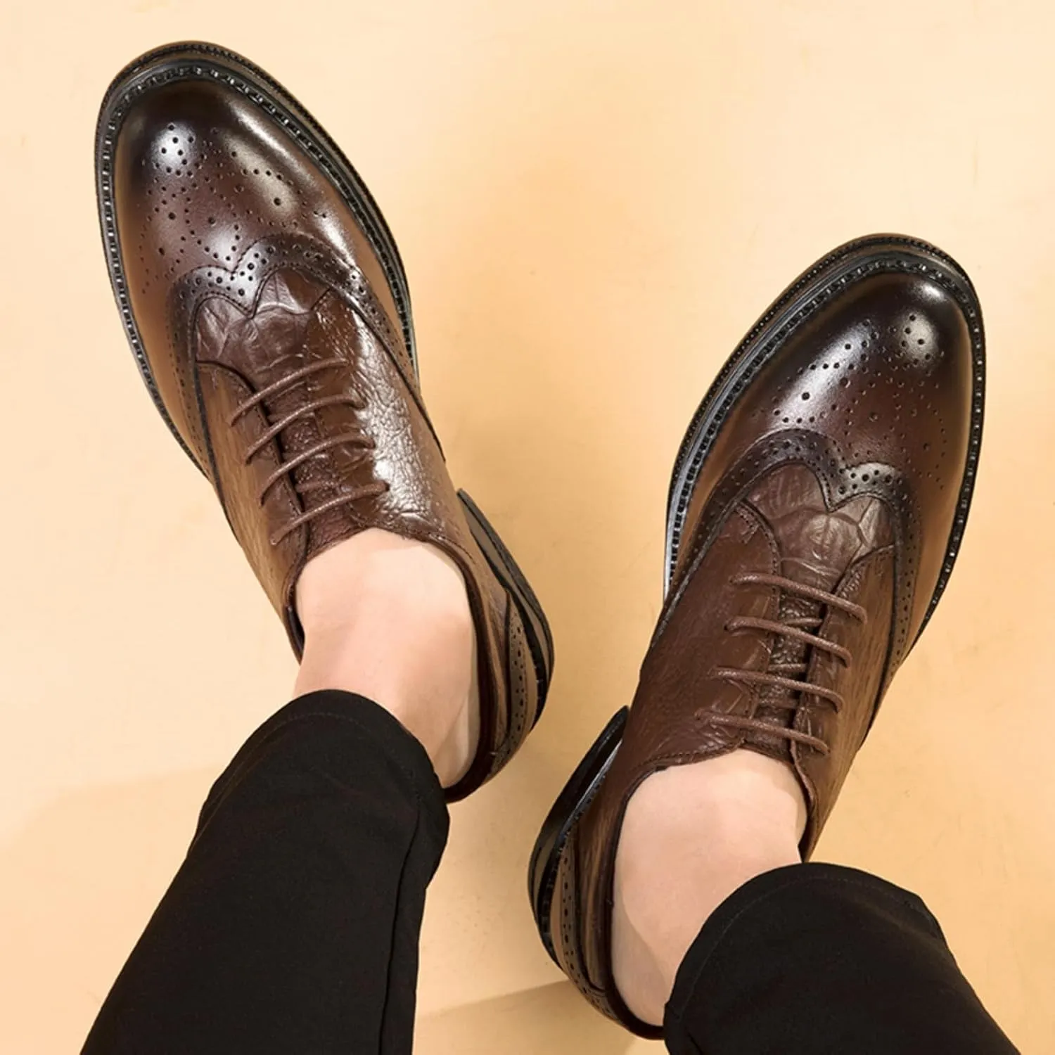 Men's Cowhide Leather Perforated Lace - up Oxfords Brogue Wingtip Shoes for Men