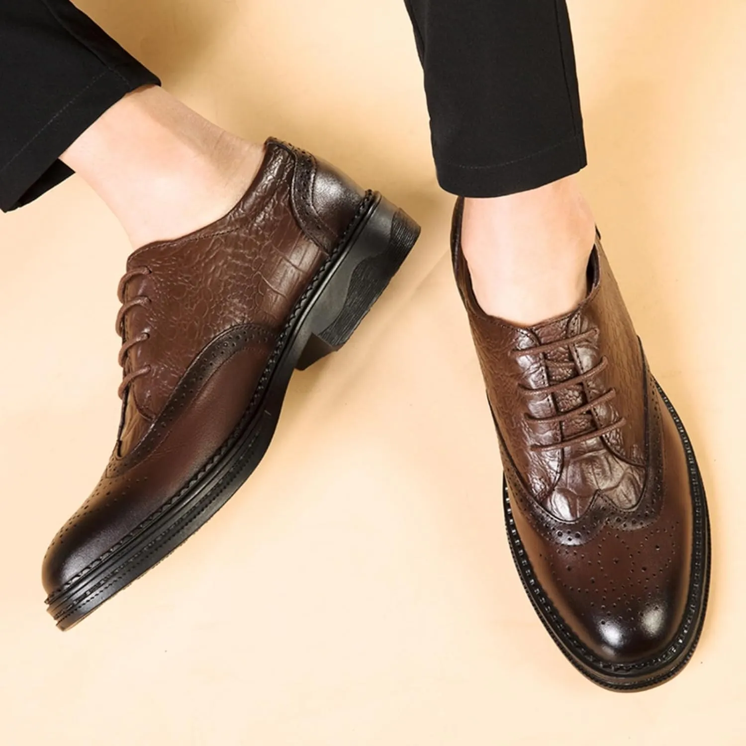 Men's Cowhide Leather Perforated Lace - up Oxfords Brogue Wingtip Shoes for Men