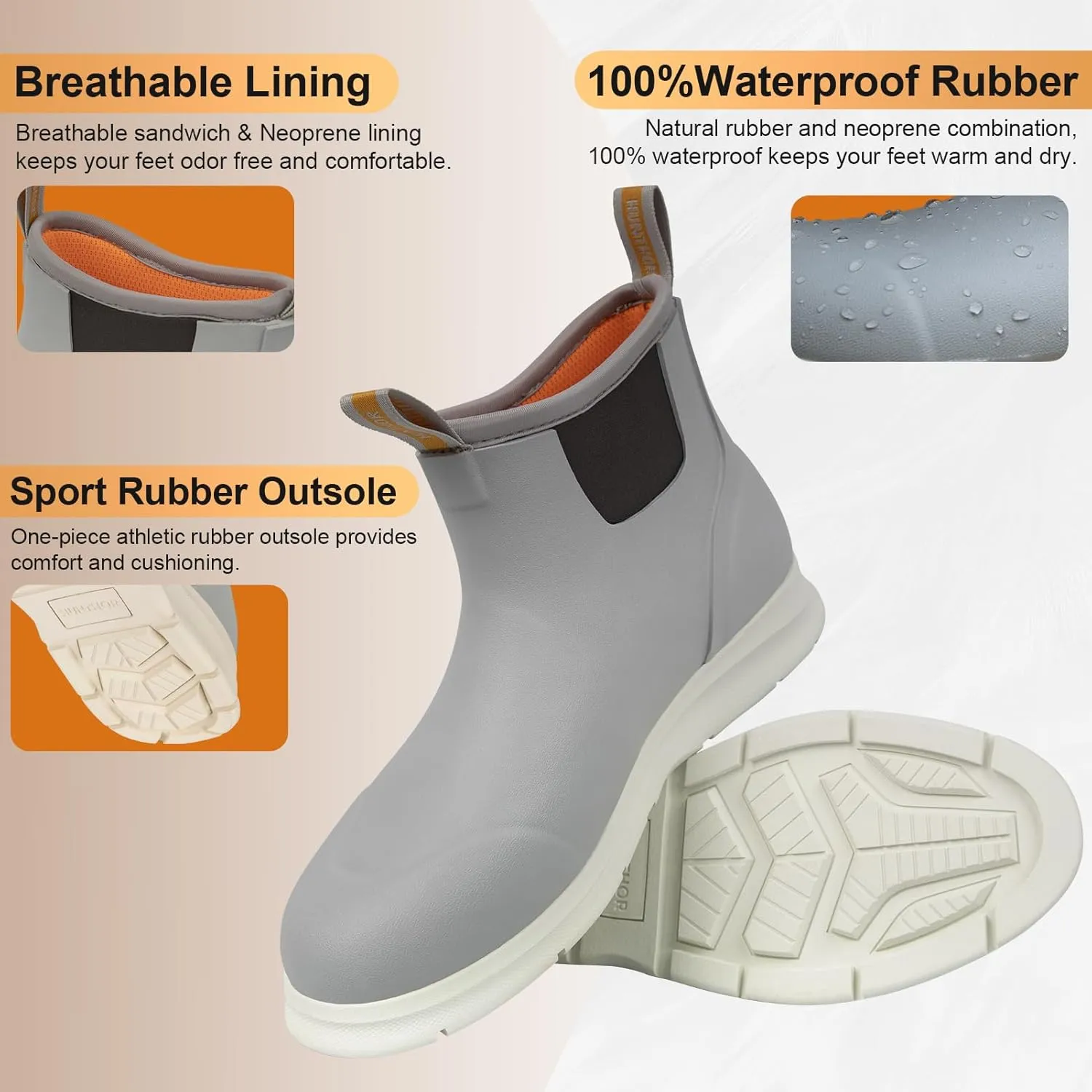 Men's Deck Boots, Lightweight Waterproof Fishing Rain Boots, Anti-Slip Rubber Shoes with Breathable 3mm Neoprene Lining Fishing, Boating, Size 7-14