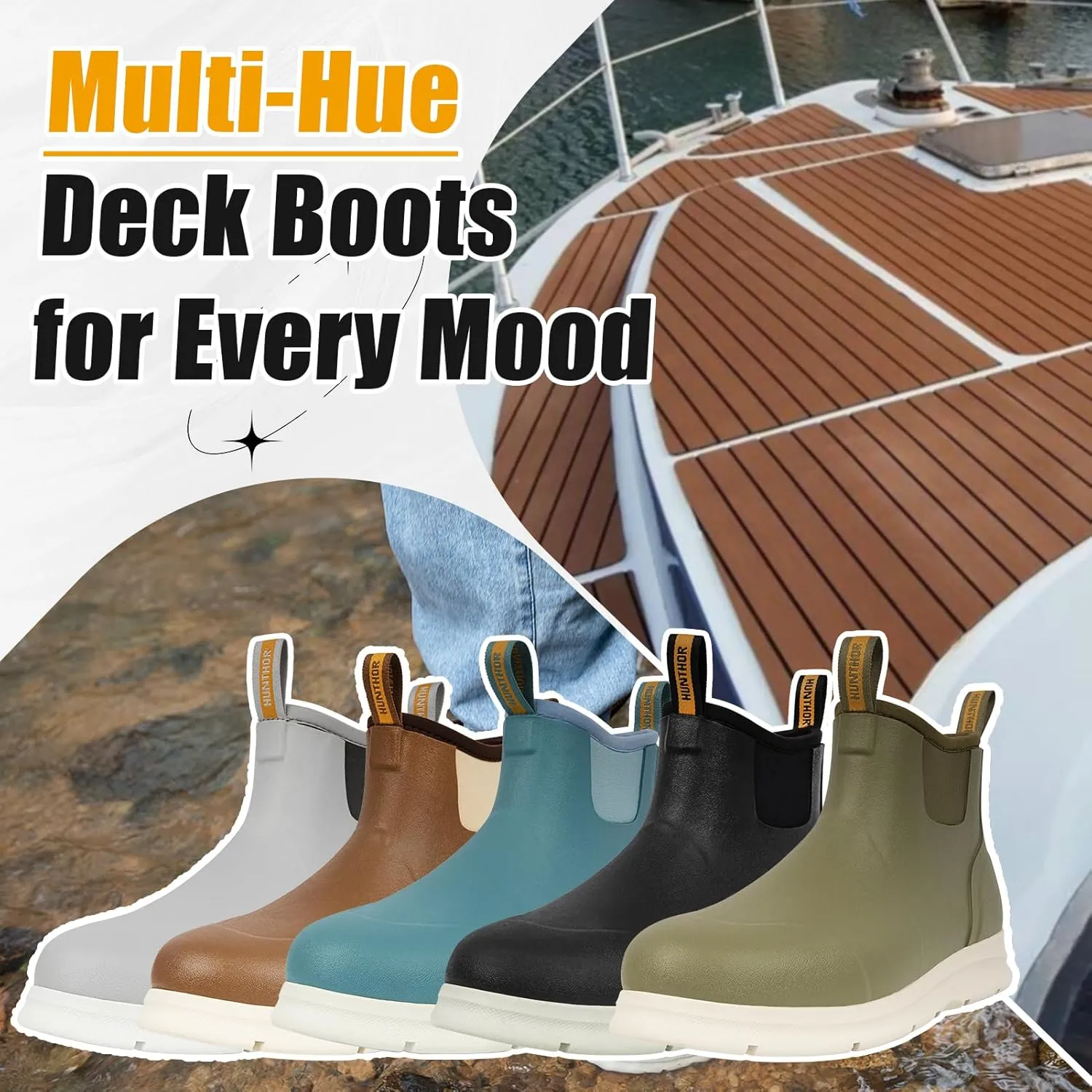 Men's Deck Boots, Lightweight Waterproof Fishing Rain Boots, Anti-Slip Rubber Shoes with Breathable 3mm Neoprene Lining Fishing, Boating, Size 7-14
