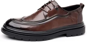 Mens Genuine Leather Lace Up Dress Oxfords Shoes Retro Round Toe Low Cut Loafers Non Slip Lug Sole Casual Business Work Formal Derby Shoes