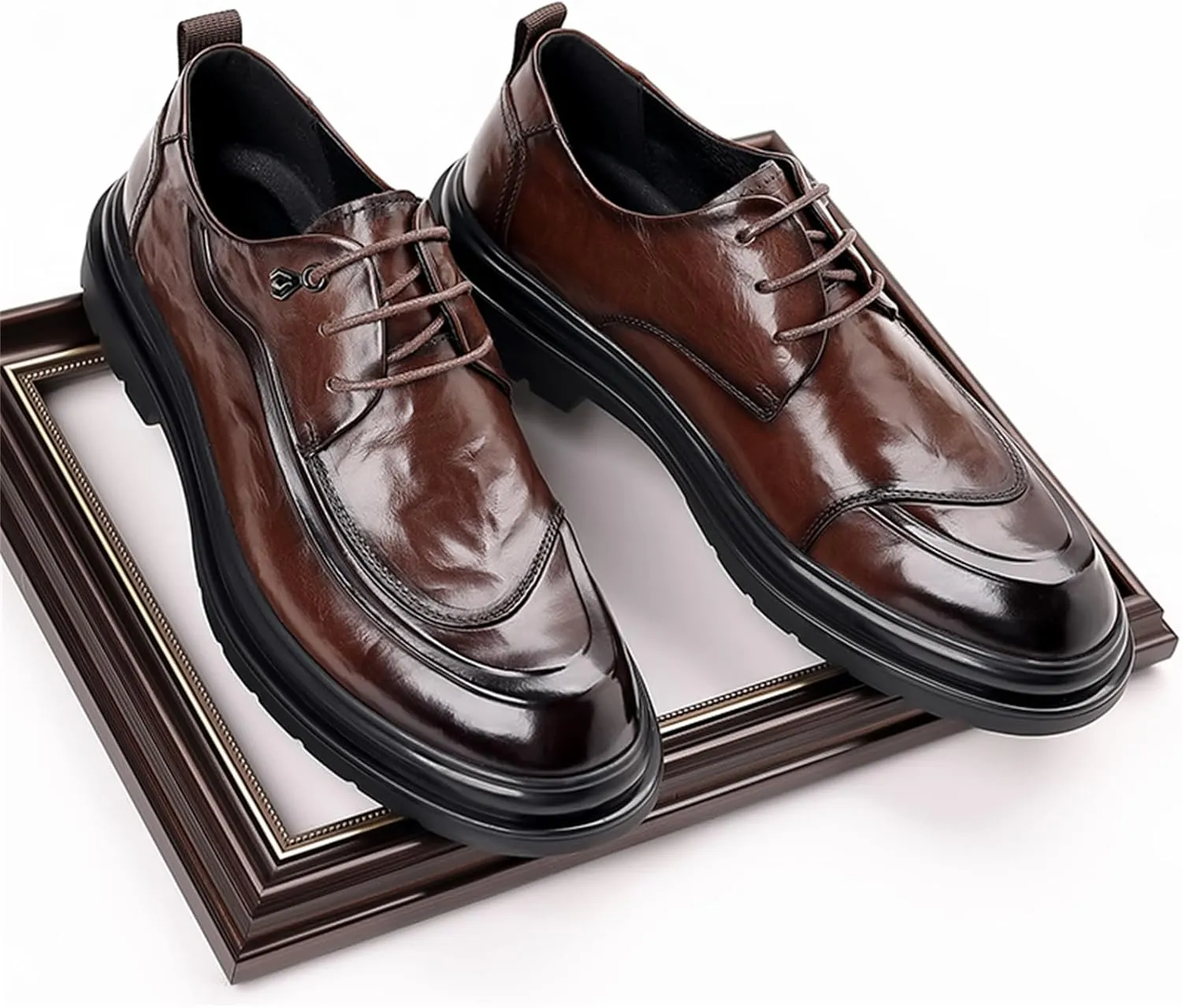 Mens Genuine Leather Lace Up Dress Oxfords Shoes Retro Round Toe Low Cut Loafers Non Slip Lug Sole Casual Business Work Formal Derby Shoes