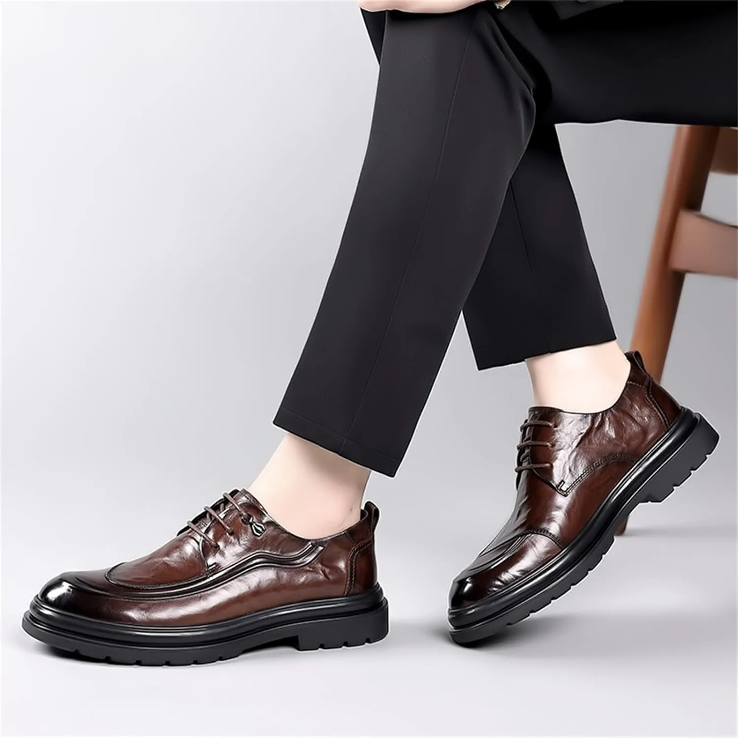 Mens Genuine Leather Lace Up Dress Oxfords Shoes Retro Round Toe Low Cut Loafers Non Slip Lug Sole Casual Business Work Formal Derby Shoes