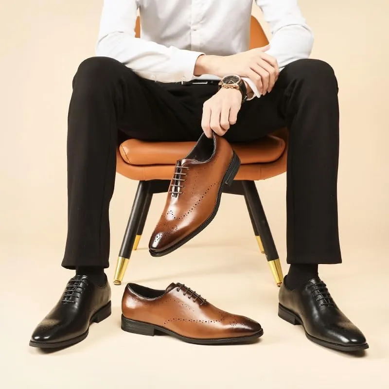 Men's lace-up Carved Design Business Formal Leather Shoes British Youth Suitable for Wedding Office Breathable Comfortable Brown