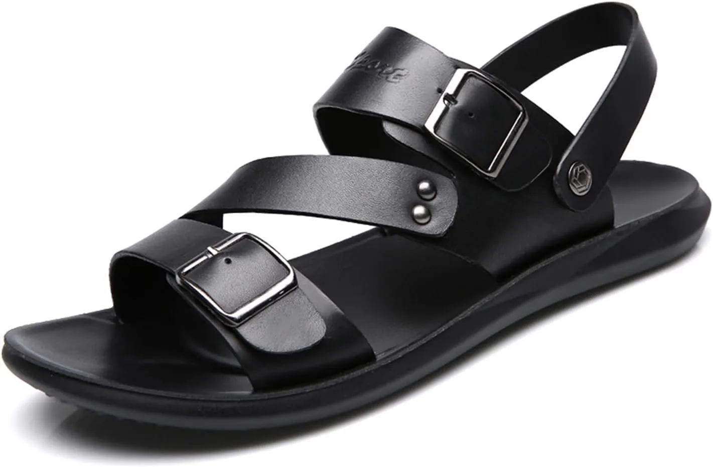 Men's Leather Slip-On Flat Beach Slides Sandals with Adjustable Dual use Ankle Straps Slip-On Fisherman Sandals Lightweight Non Slip Open Toe Casual Sandals