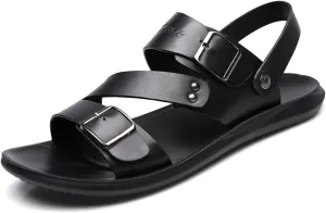 Men's Leather Slip-On Flat Beach Slides Sandals with Adjustable Dual use Ankle Straps Slip-On Fisherman Sandals Lightweight Non Slip Open Toe Casual Sandals