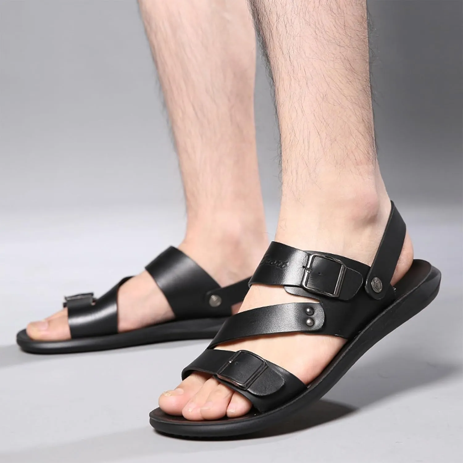 Men's Leather Slip-On Flat Beach Slides Sandals with Adjustable Dual use Ankle Straps Slip-On Fisherman Sandals Lightweight Non Slip Open Toe Casual Sandals