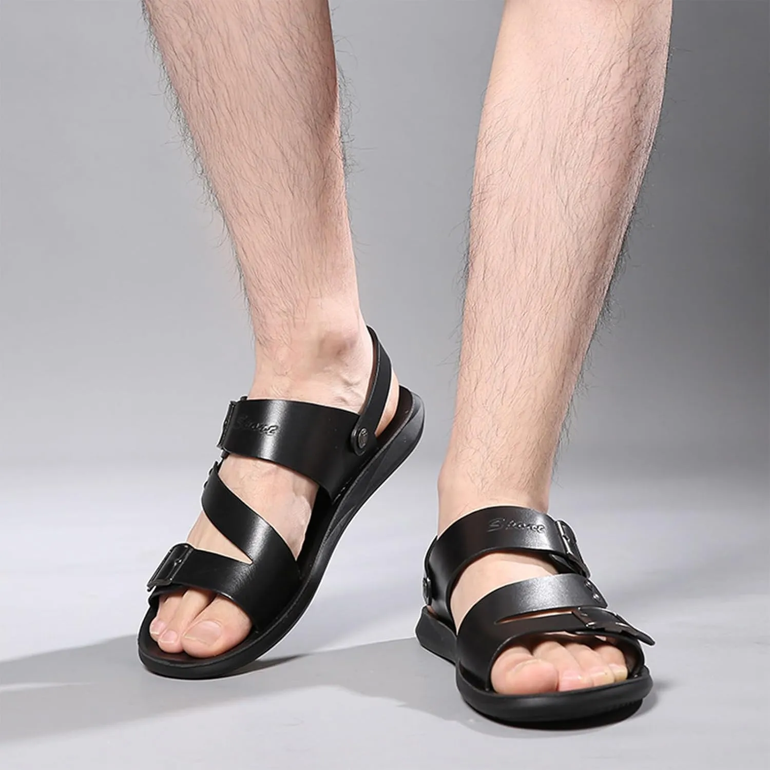Men's Leather Slip-On Flat Beach Slides Sandals with Adjustable Dual use Ankle Straps Slip-On Fisherman Sandals Lightweight Non Slip Open Toe Casual Sandals