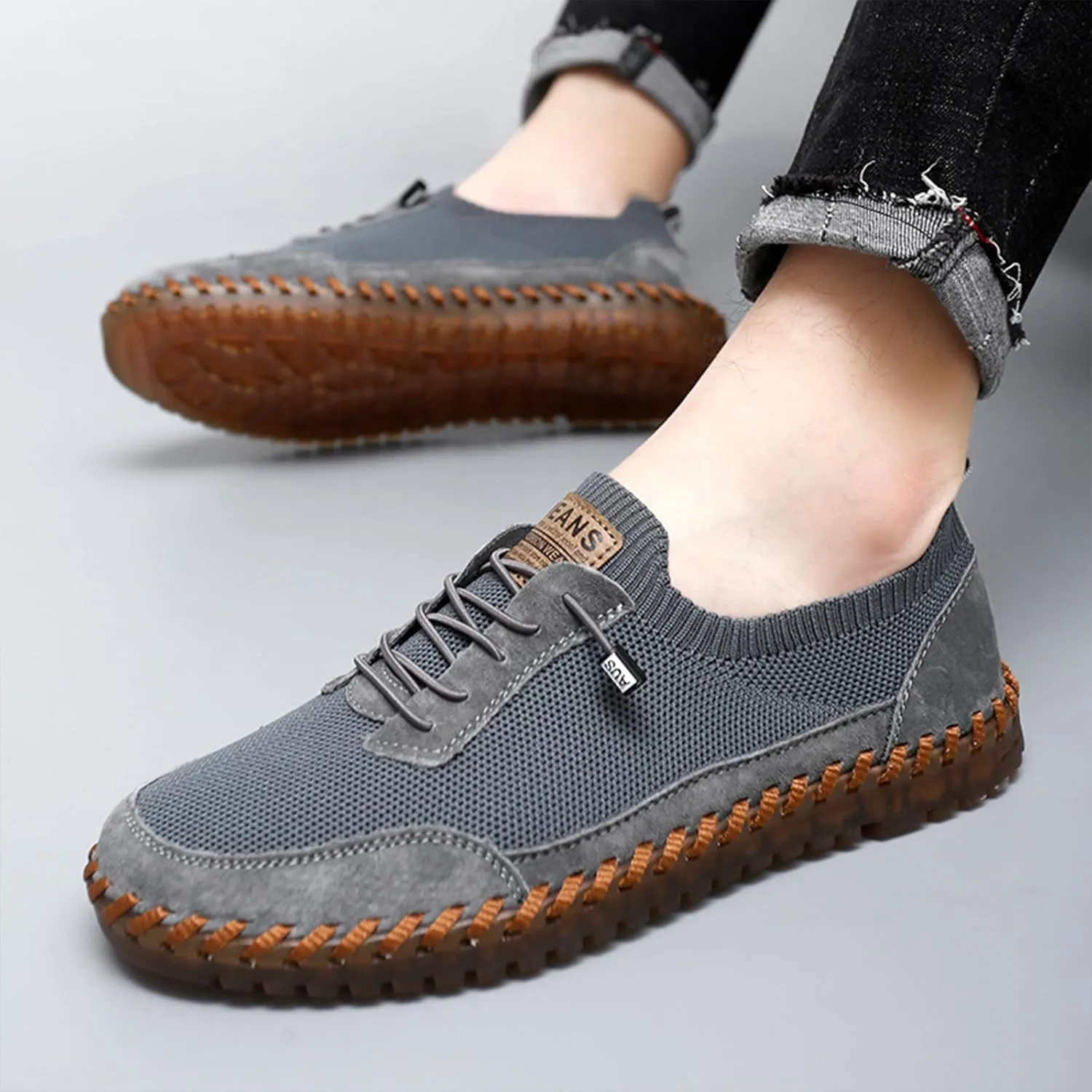 Men's Mesh Slip-On Lightweight Sneakers Handmade Breathable Soft Sole Casual Walking Shoes Comfortable Driving Shoes